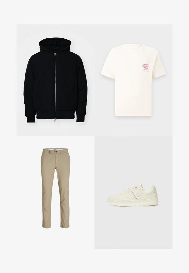 Sort hættejakke med frontlynlås, kængurulomme, ribbede manchetter og kant, præsenteret på en ensfarvet hvid baggrund.; Hvid kortermet T-shirt med rød tekst "Studio Originals Edition" på venstre bryst, vist på en neutral grå baggrund.; Beige bomuldsbukser med slim fit, der har en front lynlås, knaplukning og fire lommer. Glat tekstur, uden mønstre eller accenter.; Cremefarvet sneaker med perforeret detaljering, snørebånd og logo på siden, præsenteret mod en simpel hvid baggrund.