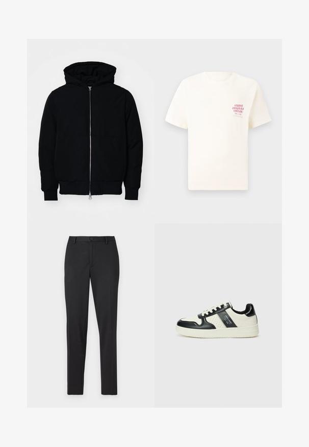 Black hooded jacket with front zipper, kangaroo pocket, ribbed cuffs, and hem, displayed on a plain white background.; White short-sleeve T-shirt with red text "Studio Originals Edition" on left chest, displayed on a neutral gray background.; Black tailored pants featuring a smooth fabric, straight leg design, a single button closure, and discreet pockets.; Leather sneakers with a black and cream color scheme, featuring perforated accents, a padded collar, and a textured outsole.