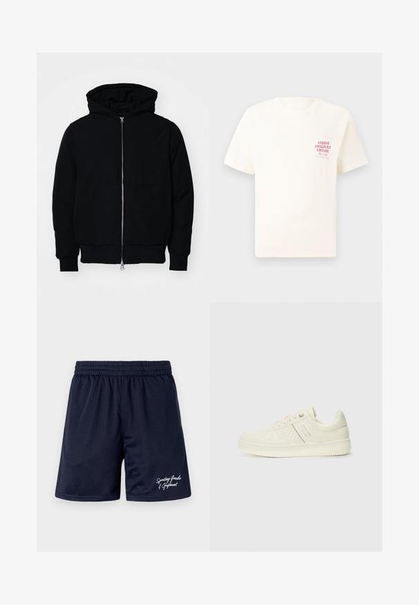 Black hooded jacket with front zipper, kangaroo pocket, ribbed cuffs, and hem, displayed on a plain white background.; White short-sleeve T-shirt with red text "Studio Originals Edition" on left chest, displayed on a neutral gray background.; Navy blue mesh sports shorts with an elastic waistband. Features white embroidered text "Sporting Goods & Equipment" on the lower right.; Cream-colored sneaker with perforated detailing, laces, and logo on the side, displayed against a plain white background.