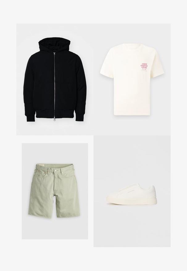 Fekete kapucnis dzseki elülső cipzárral, kenguruzsebbel, bordázott mandzsettákkal és aba, egy sima fehér háttér előtt.; Fehér, rövid ujjú póló, bal mellen piros szöveggel "Studio Originals Edition", semleges szürke háttér előtt.; Világoszöld farmer rövidnadrág, egyenes szabással, öt zsebbel és rézszínű kiegészítőkkel. A szegélyen és a derékrészen varrás található.; Fehér slip-on sportcipők texturált felülettel, vastag talppal és minimalista dizájnnal. Az oldalon a márka logója található.
