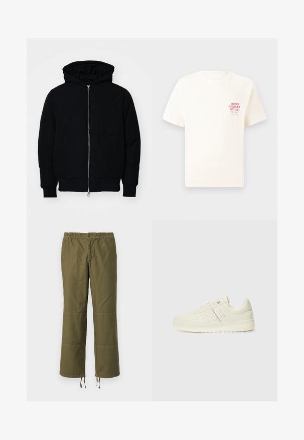Veste à capuche noire avec fermeture éclair sur le devant, poche kangourou, poignets et ourlet côtelés, présentée sur un fond blanc uni.; T-shirt blanc à manches courtes avec le texte rouge "Édition Originals du Studio" sur la poitrine gauche, présenté sur un fond gris neutre.; Pantalons larges en coton couleur vert olive avec une taille élastique, un bouton de fermeture et des détails en patch contrastants au niveau des genoux.; Sneaker couleur crème avec des détails perforés, des lacets et un logo sur le côté, présenté sur un fond blanc uni.