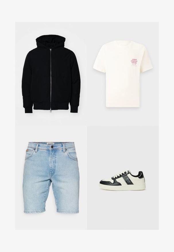 Svart huoodiejacka med framdragkedja, känguruficka, ribbade ärmslut och nederkant, uppställd mot en vit bakgrund.; Vit kortärmad T-shirt med röd text "Studio Originals Edition" på vänster bröst, är uppställd på en neutral grå bakgrund.; Wrangler TEXAS - Jeansshorts - clever; Läder sneakers med en svart och krämfärgad färgsättning, med perforerade detaljer, en vadderad krage och en strukturerad yttersula.