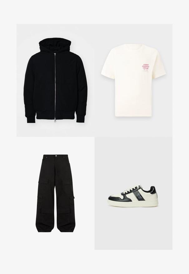 Čierna kapucňová bunda s predným zipsom, klokaními vreckami, rebrovanými manžetami a lemom, zobrazená na bielom pozadí.; Biele tričko s krátkym rukávom s červeným textom "Studio Originals Edition" na ľavej hrudi, zobrazené na neutrálnom šedom pozadí.; Čierne cargo nohavice vyrobené z odolnej bavlny s voľným strihom. Obsahujú viacero úžitkových vreciek a rovný strih nohavíc.; Kožené tenisky v čierno-krémovej farbe, s perforovanými akcentmi, polstrovaným golierom a štruktúrovanou podrážkou.
