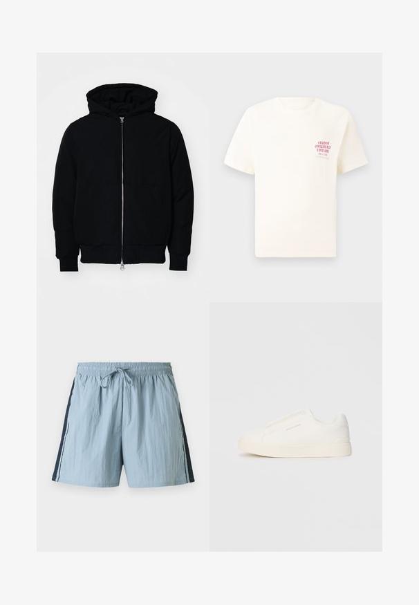 Black hooded jacket with front zipper, kangaroo pocket, ribbed cuffs, and hem, displayed on a plain white background.; White short-sleeve T-shirt with red text "Studio Originals Edition" on left chest, displayed on a neutral gray background.; Light blue swim shorts with an elastic waist and drawstring. Features navy side panels and white trim along the sides. Lightweight fabric.; White slip-on sneakers with a textured surface, a thick sole, and minimalistic design. Features brand logo on the side.