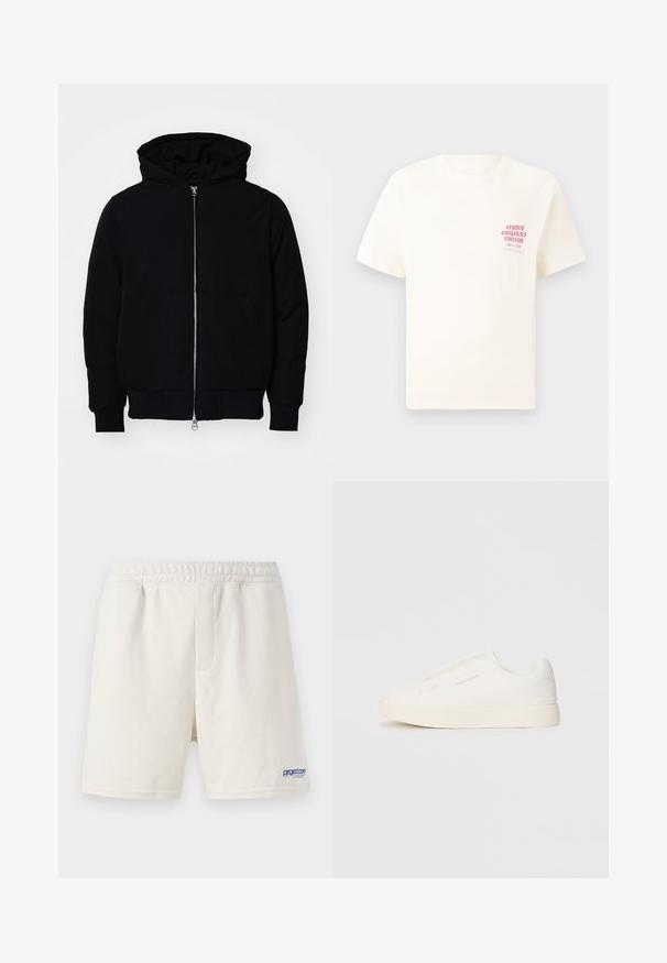 Black hooded jacket with front zipper, kangaroo pocket, ribbed cuffs, and hem, displayed on a plain white background.; White short-sleeve T-shirt with red text "Studio Originals Edition" on left chest, displayed on a neutral gray background.; Cream-colored shorts made of soft cotton blend, featuring an elastic waistband and a blue logo on the lower left side.; White slip-on sneakers with a textured surface, a thick sole, and minimalistic design. Features brand logo on the side.