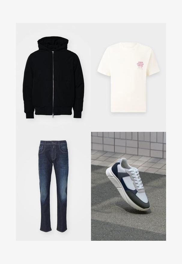 Chaqueta negra con capucha, cierre frontal, bolsillo tipo canguro, y puños y dobladillo acanalados, exhibida sobre un fondo blanco liso.; Camiseta blanca de manga corta con el texto rojo "Edición de Studio Originals" en el lado izquierdo del pecho, exhibida sobre un fondo gris neutro.; Jeans de mezclilla azul oscuro con bolsillos frontales, botón y áreas sutilmente descoloridas en los muslos y las rodillas sobre un fondo claro y liso.; Zapatilla blanca, azul marino y gris con un diseño de materiales mixtos, que presenta una parte superior texturizada, cordones planos y una suela acolchada.