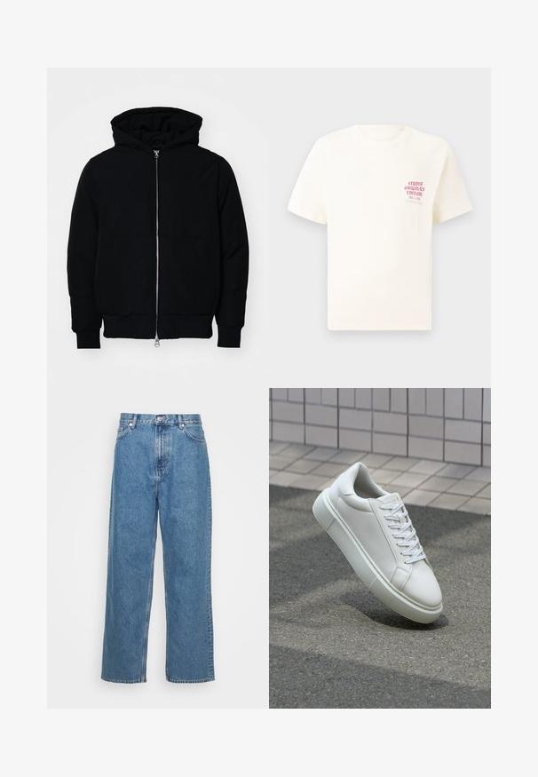 Čierna kapucňová bunda s predným zipsom, klokaními vreckami, rebrovanými manžetami a lemom, zobrazená na bielom pozadí.; Biele tričko s krátkym rukávom s červeným textom "Studio Originals Edition" na ľavej hrudi, zobrazené na neutrálnom šedom pozadí.; Weekday GALAXY LOOSE STRAIGHT UNISEX - Džínsy široké - blue; Biele kožené tenisky s hladkým povrchom, okrúhlym špičkou a plochými bielymi šnúrkami. Obsahuje štruktúrovanú gumovú podrážku a minimalistický dizajn.
