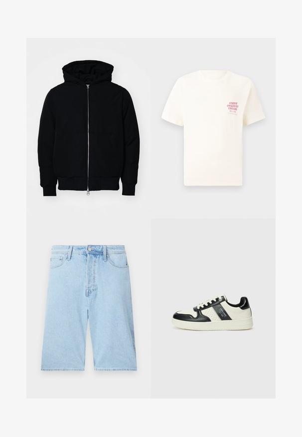 Black hooded jacket with front zipper, kangaroo pocket, ribbed cuffs, and hem, displayed on a plain white background.; White short-sleeve T-shirt with red text "Studio Originals Edition" on left chest, displayed on a neutral gray background.; Light blue denim shorts with a straight cut, five pockets, and front button closure. Soft texture with minimal fading.; Leather sneakers with a black and cream color scheme, featuring perforated accents, a padded collar, and a textured outsole.