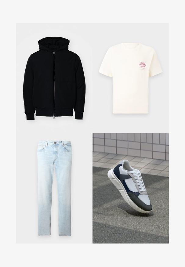 Čierna kapucňová bunda s predným zipsom, klokaními vreckami, rebrovanými manžetami a lemom, zobrazená na bielom pozadí.; Biele tričko s krátkym rukávom s červeným textom "Studio Originals Edition" na ľavej hrudi, zobrazené na neutrálnom šedom pozadí.; Svetlomodré denimové džínsy so strihom s rovnými nohavicami, piatimi vreckami a jedným tlačidlom na zapínanie, so zosvetlenými škvrnami a jemnou textúrou.; Biele, námornícke a šedé tenisky s kombinovaným materiálom, so štruktúrovaným zvrškom, plochými šnúrkami a polstrovanou podošvou.