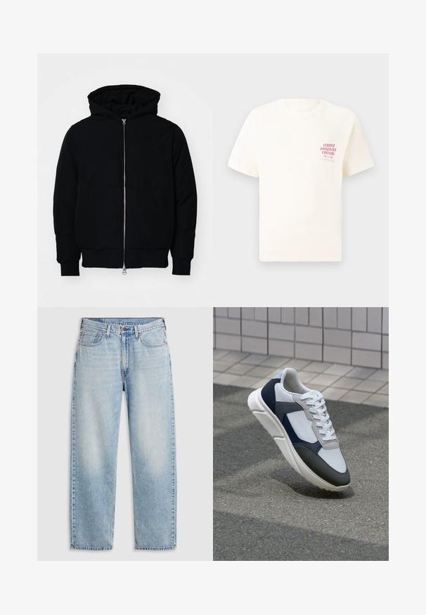 Black hooded jacket with front zipper, kangaroo pocket, ribbed cuffs, and hem, displayed on a plain white background.; White short-sleeve T-shirt with red text "Studio Originals Edition" on left chest, displayed on a neutral gray background.; Light blue straight-leg jeans with five pockets, metal button closure, and faded detailing on thighs and knees, laid flat on white background.; White, navy, and gray sneaker with a mixed material design, featuring a textured upper, flat laces, and a cushioned sole.