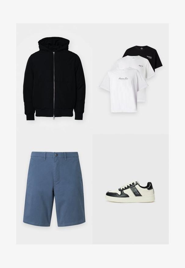 Juodas gobtuvėlis su priekiniu užtrauktuku, kengūros tipo kišene, lygiais rankogaliais ir apvadu, pateiktas ant vientiso balto fono.; Tris marškinėlių pakuotėje: vieni juodi, du balti. Trumpomis rankovėmis, apykaklė su apvaliu iškirpimu, ant krūtinės yra teksto grafika kontrastingomis spalvomis. Pagaminti iš medvilnės.; GAP VINTAGE - Šortai - frozen lake; Odiniai sportbačiai juodos ir kreminės spalvų schemoje, su perforuotais akcentais, paminkštinta apykakle ir tekstūruotu padu.