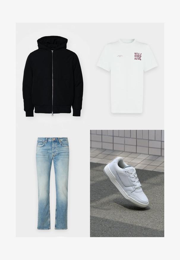 Giacca nera con cappuccio, dotata di zip frontale, tasca a marsupio, polsini e orlo a coste, esposta su uno sfondo bianco semplice.; Maglietta bianca in cotone con grafica rossa "NIKE" e scritta sul petto a sinistra. Maniche corte e collo rotondo, texture liscia.; Jeans in denim blu chiaro con taglio dritto, caratterizzati da una texture sbiadita, cinque tasche, chiusura frontale con bottone e dettagli di cucitura discreti.; Sneaker bianca in pelle con lati perforati, accenti testurizzati, lacci piatti e tallone grigio a contrasto. Presenta una suola leggermente elevata.