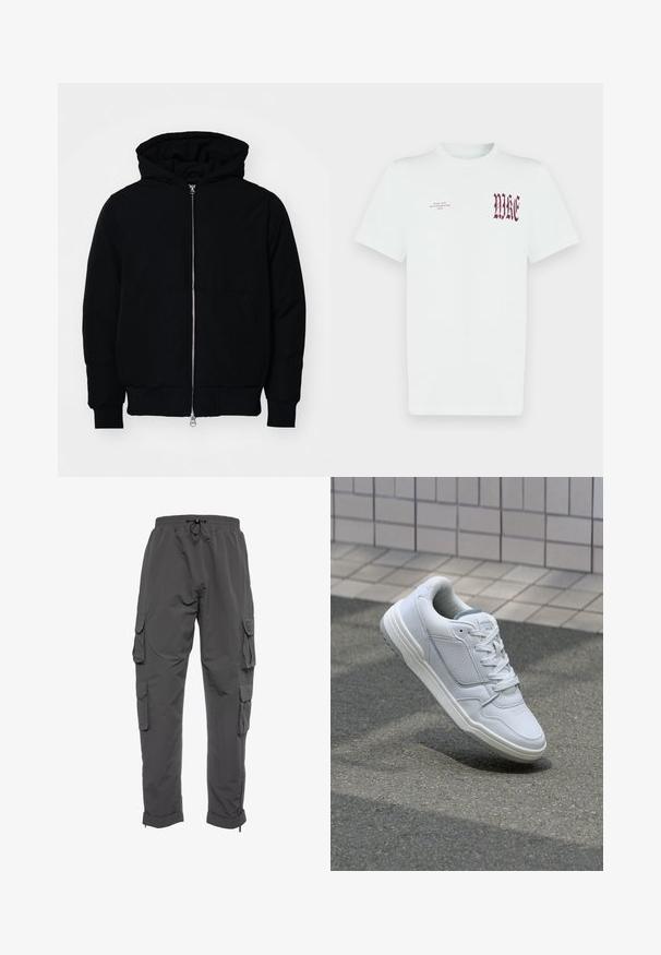 Sort hættejakke med frontlynlås, kængurulomme, ribbede manchetter og kant, præsenteret på en ensfarvet hvid baggrund.; Hvid bomulds t-shirt med rødt "NIKE" grafisk motiv og tekst på venstre bryst. Kortærmet med rund hals og glat tekstur.; Grå cargo bukser lavet af letvægtsstof, med sidelommer, elastisk talje med snøre og manchetter ved benene.; Hvide lædersneakers med perforerede sider, teksturerede detaljer, flade snørebånd og en kontrasterende grå hæl. Har en let forhøjet sål.
