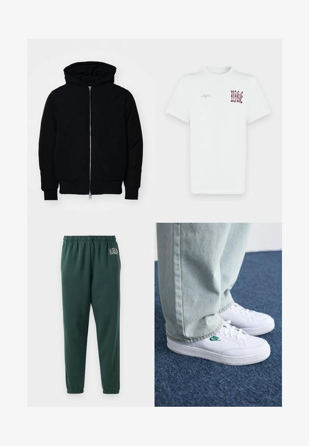 Fekete kapucnis dzseki elülső cipzárral, kenguruzsebbel, bordázott mandzsettákkal és aba, egy sima fehér háttér előtt.; Fehér pamut póló, bal mellrészen piros "NIKE" grafikával és felirattal. Rövid ujjú, kerek nyakú kialakítás, sima textúrájú.; Zöld melegítőnadrág puha anyagból, rugalmas derékkal, szűkített lábbal és egy kis GAP logóval a bal csípőn.; Fehér bőr sportcipők zöld Nike logóval, kerek orral, lapos talppal, világoskék farmernadrággal párosítva, kék szőnyegen bemutatva.