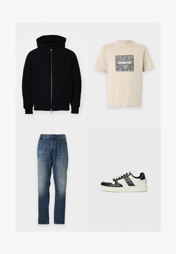 Melna kapucēta jaka ar priekšējo rāvējslēdzēju, kenguru kabatu, ribinātām aprocēm un apakšmalu, parādīta uz vienkārša balta fona.; Bežs kokvilnas t-krekls ar pelēku kamuflāžas kvadrātu grafiku, kurā ir teksts "jack&jones" un "CORE NINE ZERO". Apaļa kakla izgriezne un īsas piedurknes.; Džinsi no denima ar izbalinātu zilu krāsu, taisnas kājas dizainu, mērenu nolietojumu priekšpusē un klasisku piecu kabatu stilu.; Ādas sporta apavi ar melnbaltu krāsu shēmu, ar perforētiem akcentiem, mīkstinātu apkakli un teksturētu zoli.