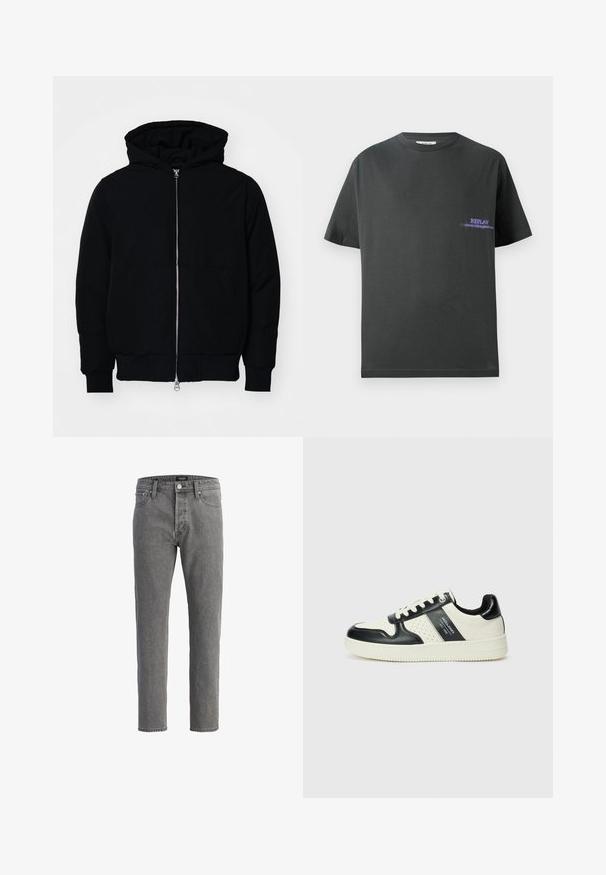 Mustat huppu-untuvatakki, jossa on vetoketju edessä, kenguru-tasku, ribatut hihansuut ja helma, esillä yksinkertaisella valkoisella taustalla.; T-paita tummanharmaata puuvillaa, jossa on pyöreä kaula-aukko. Vasemmassa rinnassa on pieni violetti printti, jossa lukee "REPLAY". Lyhyet, suorat hihat.; Harmaat farkut suoran lahkeen leikkauksella, viiden taskun suunnittelulla ja metallinappikiinnityksellä. Kangas on pehmeä ja tekstuurinen.; Nahkakengät musta-kerma värimaailmassa, joissa on rei'itetyt yksityiskohdat, pehmustettu nilkkaosa ja teksturoitu pohja.