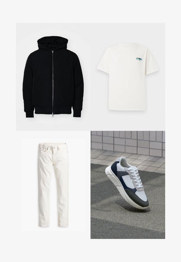 Juodas gobtuvėlis su priekiniu užtrauktuku, kengūros tipo kišene, lygiais rankogaliais ir apvadu, pateiktas ant vientiso balto fono.; Balta medvilninė marškinėliai trumpomis rankovėmis su spalvingu grafiniu dizainu kairėje krūtinės pusėje, vaizduojančiu žuvį ir tekstą.; Balti džinsai su tiesiu kirpimu, penkiomis kišenėmis, vario mygtuku ir nuleidimais, bei subtiliai tekstūruota medžiaga. Nėra matomų raštų.; Baltos, tamsiai mėlynos ir pilkos sportbačiai su mišriomis medžiagomis, turintys tekstūruotą viršutinę dalį, plokščius raištelius ir paminkštintą pado dalį.