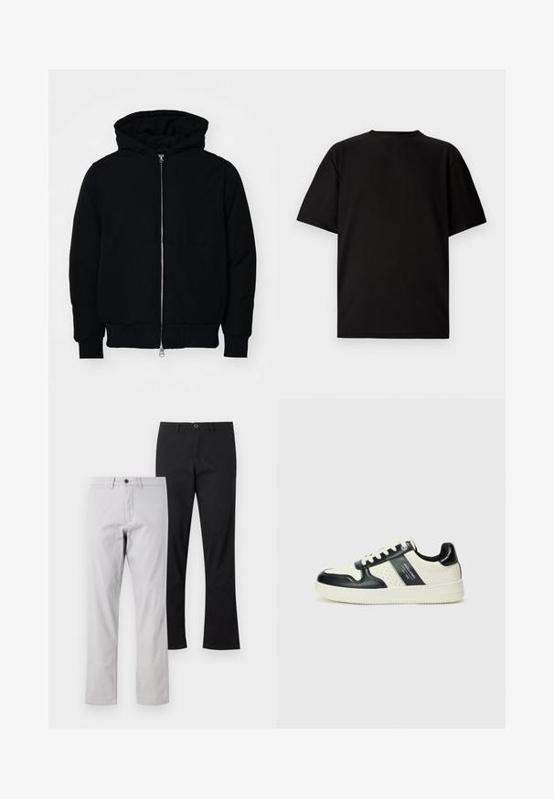 Mustaga kapuutsiga jakk, millel on esineed, kenguru tasku, soonikkoes, ja alläär, esitatud lihtsal valgel taustal.; Mustus lühikeste varrukatega T-särk ribakanga materjalist. Omab ümmargust kaelust ja lõõgastavat istuvust, millel on sile tekstuur. Ainult tagavaade.; Kaks paari sirge jalaga pükse: üks heledashall pruunide nööbiga ja üks ühtlane must. Mõlemal on sile puuvillane tekstuur.; Nahatud nahkkingad musta ja kreemi värviskeemiga, millel on perforeeritud aktsendid, pehme krae ja tekstureeritud tallad.