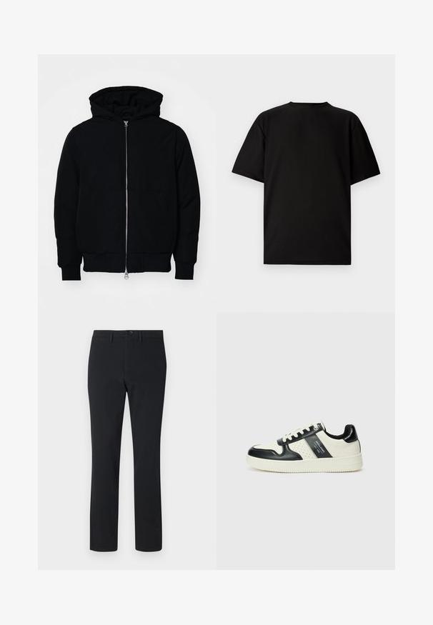 Čierna kapucňová bunda s predným zipsom, klokaními vreckami, rebrovanými manžetami a lemom, zobrazená na bielom pozadí.; Čierne tričko s krátkym rukávom vyrobené z rebrovanej tkaniny. Má okrúhly výstrih a voľný strih s hladkou textúrou. Zobrazenie iba zozadu.; Čierne nohavice s rovnými nohavicami vyrobené z hladkej tkaniny. Obsahujú predné zapínanie na gombík, pútka na opasok a dve bočné vrecká.; Kožené tenisky v čierno-krémovej farbe, s perforovanými akcentmi, polstrovaným golierom a štruktúrovanou podrážkou.