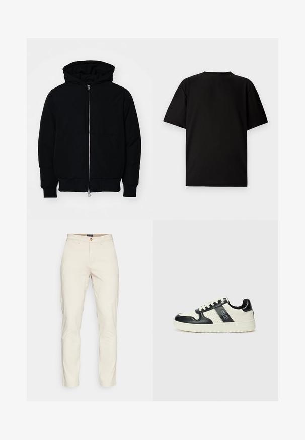 Black hooded jacket with front zipper, kangaroo pocket, ribbed cuffs, and hem, displayed on a plain white background.; Black short-sleeve T-shirt made from ribbed fabric. Features a round neckline and a relaxed fit with a smooth texture. Back view only.; DOCKERS SMART FLEX MOTION SLIM - Chinos - sahara khaki; Leather sneakers with a black and cream color scheme, featuring perforated accents, a padded collar, and a textured outsole.