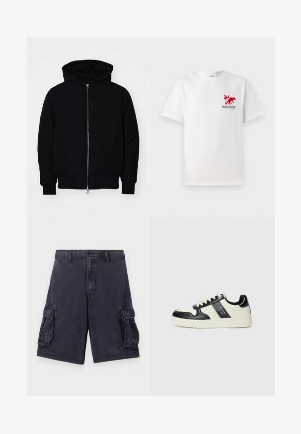 Black hooded jacket with front zipper, kangaroo pocket, ribbed cuffs, and hem, displayed on a plain white background.; White cotton t-shirt featuring a red cowboy and horse graphic on the left chest with "RODEO DAYS" text beneath the design.; Navy cargo shorts made of durable fabric, featuring two side pockets, a front button closure, and stitched detailing along the seams.; Leather sneakers with a black and cream color scheme, featuring perforated accents, a padded collar, and a textured outsole.