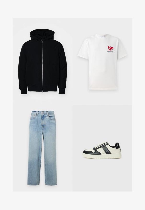 Mustat huppu-untuvatakki, jossa on vetoketju edessä, kenguru-tasku, ribatut hihansuut ja helma, esillä yksinkertaisella valkoisella taustalla.; Valkoinen puuvillapaita, jossa on vasemmassa rinnassa punainen cowboy- ja hevoshahmo sekä "RODEO DAYS" -teksti kuvion alla.; Vaaleansinisiä suoria farkkuja korkealla vyötäröllä, joissa on viisi taskua ja hienovarainen kuluminen. Raaka helma ja erottuvat ompeluyksityiskohdat.; Nahkakengät musta-kerma värimaailmassa, joissa on rei'itetyt yksityiskohdat, pehmustettu nilkkaosa ja teksturoitu pohja.