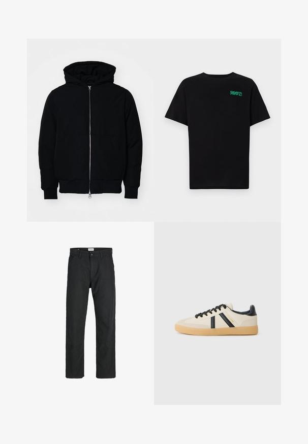 Fekete kapucnis dzseki elülső cipzárral, kenguruzsebbel, bordázott mandzsettákkal és aba, egy sima fehér háttér előtt.; Fekete, pamutból készült póló rövid ujjakkal. Elöl zöld "ROOTS" logóval, kerek nyakkivágással és normál szabással.; Fekete nadrág tartós anyagból, egyenes szárú kialakítással, varrott díszítésekkel és két elülső zsebbel a funkciók érdekében.; Kényelmes sportcipők krém színben, fekete csíkokkal, textúrált felsőrésszel és gumis talppal. A fűző fekete színű. Diszkrét logó az oldalon.