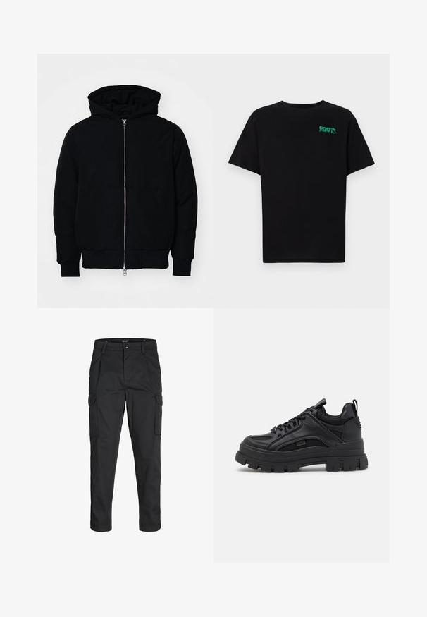 Juodas gobtuvėlis su priekiniu užtrauktuku, kengūros tipo kišene, lygiais rankogaliais ir apvadu, pateiktas ant vientiso balto fono.; Juodas medvilninis marškinėliai trumpomis rankovėmis. Priekyje yra žalias „ROOTS“ logotipas, apvalus iškirpimas ir standartinė prigludimo forma.; Juodi krovinių tipo džinsai, pagaminti iš tvirto audinio, su keliais kišeniais, mygtuko uždarymu ir siauru, prigludusiu dizainu su siaurėjančiomis kojomis.; Juodi masyvūs kedai su deriniu odos ir tinklo medžiagų, storu padu, raištelių užsegimu ir galiniu kilputė.