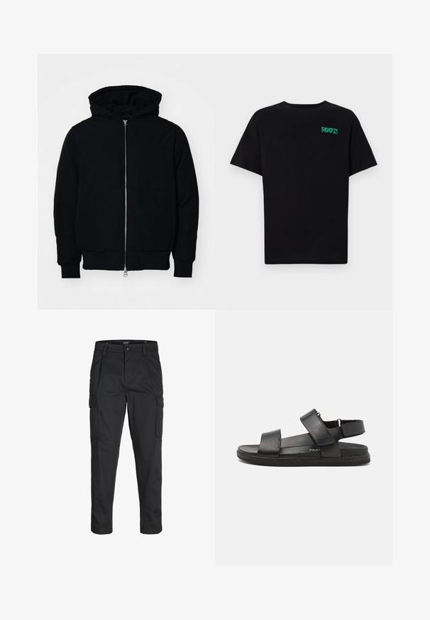 Schwarze Kapuzenjacke mit Frontreißverschluss, Kängurutasche, gerippten Bündchen und Saum, auf einem schlichten weißen Hintergrund präsentiert.; Schwarzes T-Shirt aus Baumwolle mit kurzen Ärmeln. Auf der Vorderseite befindet sich ein grünes "ROOTS"-Logo, es hat einen runden Halsauschnitt und eine normale Passform.; Schwarze Cargo-Hose aus robustem Material, mit mehreren Taschen, einem Knopfverschluss und einem Slim-Fit-Design mit schmal zulaufenden Beinen.; Schwarze Ledersandalen mit zwei breiten Riemen über dem Fuß, verstellbarem Fersenriemen und einer strukturierten Gummisohle für besseren Halt.