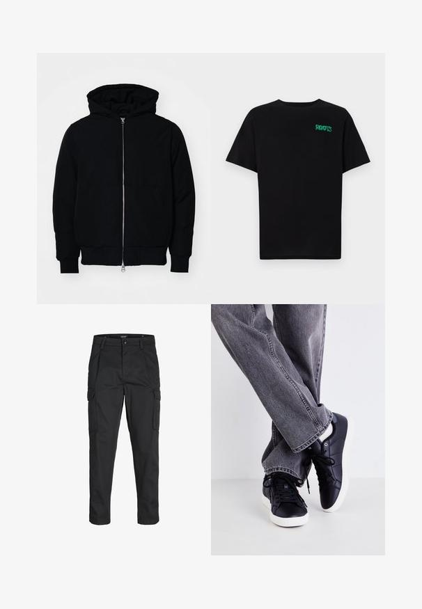 Černá kapucňová bunda s předním zipem, klokaní kapsou, vroubkovanými manžetami a spodním lemem, vystavená na čistém bílém pozadí.; Černé tričko vyrobené z bavlny s krátkým rukávem. Na přední straně se nachází zelené logo "ROOTS", kulatý výstřih a standardní střih.; Černé cargo kalhoty vyrobené z odolné tkaniny, s mnoha kapsami, knoflíkovým zapínáním a slim fit střihem se zúženými nohavicemi.; Černé kožené tenisky s bílými podrážkami a tkaničkami, kombinované se šedými džínami. Tenisky mají hladký povrch a minimalistický design.