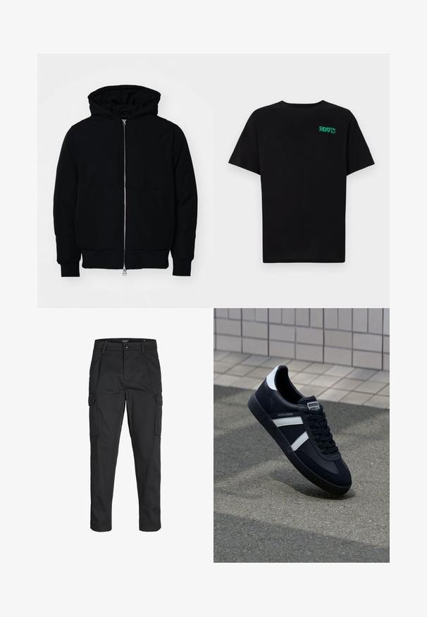 Mustaga kapuutsiga jakk, millel on esineed, kenguru tasku, soonikkoes, ja alläär, esitatud lihtsal valgel taustal.; Must t-särk, mis on valmistatud puuvillast, lühikeste varrukatega. Esipaneelil on roheline "ROOTS" logo, ümmargune kaelus ja tavapärane lõige.; Mustad mustapõlvik, mis on valmistatud tugeva koe kasutades, sisaldab mitmeid taskuid, nupule kinnitatav sulgemine ja kitsenev disain.; Must have musta sneaker musta valgete triipudega, tekstuurne kummitald ja nööridega esiosa. Omab bränditud märki keele peal.