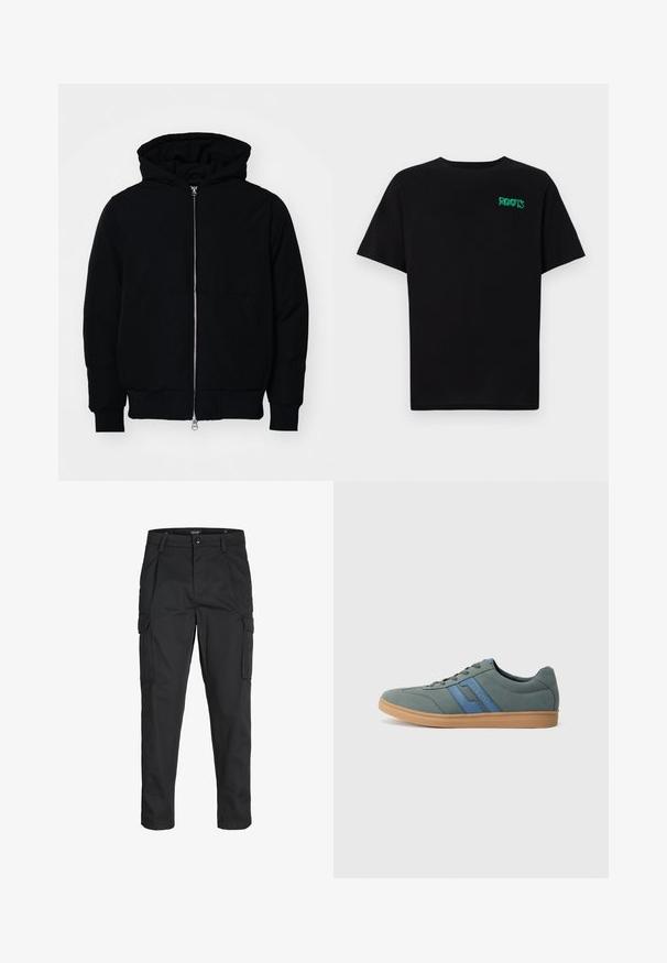 Czarna kurtka z kapturem, z suwakiem z przodu, kieszenią kangurką, ściągaczami przy mankietach i dolnym brzegu, prezentowana na jednolitym białym tle.; Czarna koszulka z bawełny z krótkim rękawem. Posiada zielone logo "ROOTS" z przodu, okrągły dekolt i standardowy krój.; Czarne spodnie cargo wykonane z wytrzymałego materiału, z wieloma kieszeniami, zapięciem na guzik oraz zwężanym krojem nogawek.; Jasnozielone zamszowe sneakersy z niebieskimi akcentami, płaskimi sznurowadłami i beżową gumową podeszwą. Okrągły czubek i niska sylwetka.