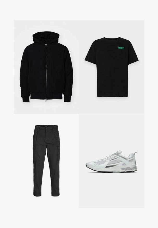Crna kapuška jakna s prednjim zatvaračem, kenguru džepom, rebrastim manžetama i rubom, prikazana na običnoj bijeloj pozadini.; Crna majica kratkih rukava od pamuka. Na prednjem dijelu se nalazi zeleni "ROOTS" logo, okrugli izrez i standardni kroj.; Crne cargo hlače izrađene od čvrstog materijala, s brojnim džepovima, kopčanjem na gumb i dizajnom koji pomaže da se prilagode tijelu sa suženim nogavicama.; Bijele atletske cipele od mrežastih i sintetičkih materijala, s srebrnim detaljima, teksturiranom potplatom i dizajnom s vezicama.
