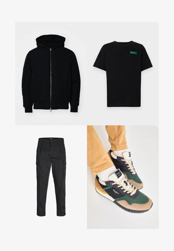 Crna kapuška jakna s prednjim zatvaračem, kenguru džepom, rebrastim manžetama i rubom, prikazana na običnoj bijeloj pozadini.; Crna majica kratkih rukava od pamuka. Na prednjem dijelu se nalazi zeleni "ROOTS" logo, okrugli izrez i standardni kroj.; Crne cargo hlače izrađene od čvrstog materijala, s brojnim džepovima, kopčanjem na gumb i dizajnom koji pomaže da se prilagode tijelu sa suženim nogavicama.; Zelene i crne tenisice s materijalima od nubuka i mrežice, kreme vezice, višeцветne akcenti i teksturirana potplat. Vidljiv logo Pepe Jeans.