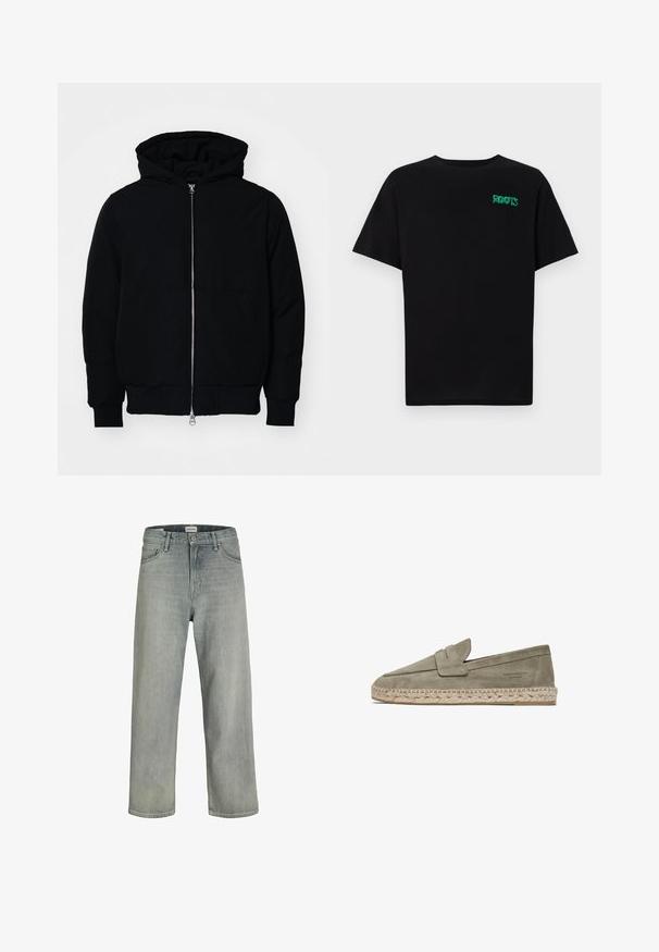 Zwarte hoodie met rits aan de voorkant, kangoeroe-pocket, geribbelde manchetten en zoom, weergegeven op een effen witte achtergrond.; Zwarte T-shirt van katoen met korte mouwen. Heeft een groen "ROOTS" logo op de voorkant, een ronde halslijn en een standaard pasvorm.; Lichtgrijze, loszittende spijkerbroeken van denim. Beschikt over een klassiek vijf-pocket ontwerp, riemlussen en een rechte pijp silhoët.; Lichtgroene suède instapper met een geweven jute zool, voorzien van een gevouwen accent aan de voorkant en een lage hak. Eenvoudig ontwerp, platte profiel.