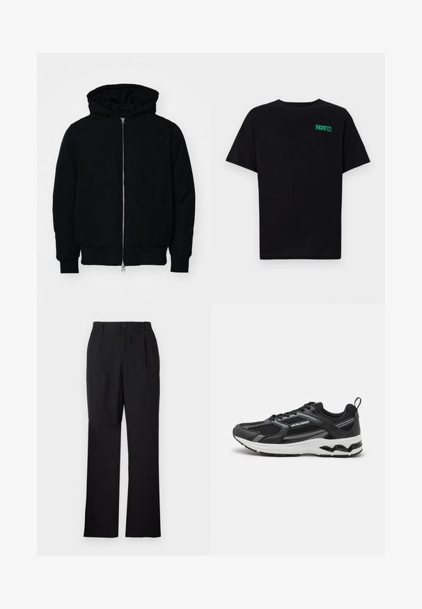 Černá kapucňová bunda s předním zipem, klokaní kapsou, vroubkovanými manžetami a spodním lemem, vystavená na čistém bílém pozadí.; Černé tričko vyrobené z bavlny s krátkým rukávem. Na přední straně se nachází zelené logo "ROOTS", kulatý výstřih a standardní střih.; Only & Sons ONSJEREMY LOOSE PANT - Kalhoty - black; Jack & Jones JFWTOKYO - Tenisky - anthracite