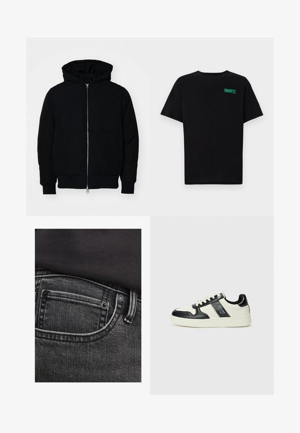 Svart hettejakke med frontglidelås, kengurulomme, ribbestrikket mansjetter og søm, vist på en ensfarget hvit bakgrunn.; svart t-skjorte laget av bomull med korte ermer. Har et grønt "ROOTS"-logo på forsiden, rund halsutringning og standard passform.; Mørkegrå denimbukser med en lomme på toppen, kontrastsøm og metalnitter. Teksten ser litt slitt ut med vertikale linjer.; Lædersneakers med sort og creme farveskema, der har perforerede detaljer, en polstret krave og en struktureret ydersål.