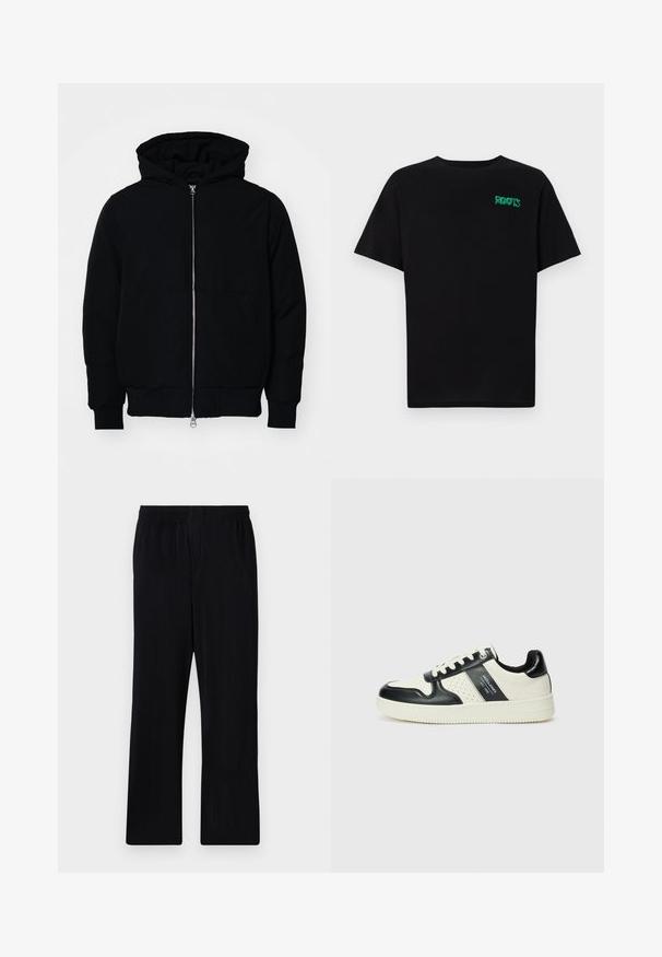 Crna kapuška jakna s prednjim zatvaračem, kenguru džepom, rebrastim manžetama i rubom, prikazana na običnoj bijeloj pozadini.; Crna majica kratkih rukava od pamuka. Na prednjem dijelu se nalazi zeleni "ROOTS" logo, okrugli izrez i standardni kroj.; Crne plisirane hlače s elastičnom trakom u struku, ravnog kroja i teksturirane tkanine. Nema vidljivih džepova ili akcenata.; Kožne tenisice s crno-bijelom paletom boja, koje imaju perforirane akcentne detalje, podstavljeni ovratnik i teksturiranu potplat.