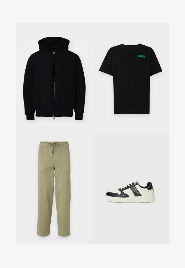 Juodas gobtuvėlis su priekiniu užtrauktuku, kengūros tipo kišene, lygiais rankogaliais ir apvadu, pateiktas ant vientiso balto fono.; Juodas medvilninis marškinėliai trumpomis rankovėmis. Priekyje yra žalias „ROOTS“ logotipas, apvalus iškirpimas ir standartinė prigludimo forma.; Šviesiai alyvuogių žalios spalvos kelnės, pagamintos iš medvilnės mišinio, su elastingu liemeniu ir raišteliu, bei dviem didelėmis šoninėmis kišenėmis.; Odiniai sportbačiai juodos ir kreminės spalvų schemoje, su perforuotais akcentais, paminkštinta apykakle ir tekstūruotu padu.