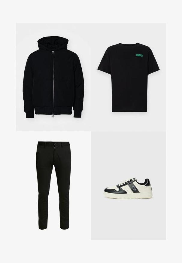Svart hettejakke med frontglidelås, kengurulomme, ribbestrikket mansjetter og søm, vist på en ensfarget hvit bakgrunn.; svart t-skjorte laget av bomull med korte ermer. Har et grønt "ROOTS"-logo på forsiden, rund halsutringning og standard passform.; Svarte, slim-fit bukser laget av et mykt materiale. Har glidelås og knappelukking, med to sidelommer og en ren, jevn tekstur.; Lædersneakers med sort og creme farveskema, der har perforerede detaljer, en polstret krave og en struktureret ydersål.