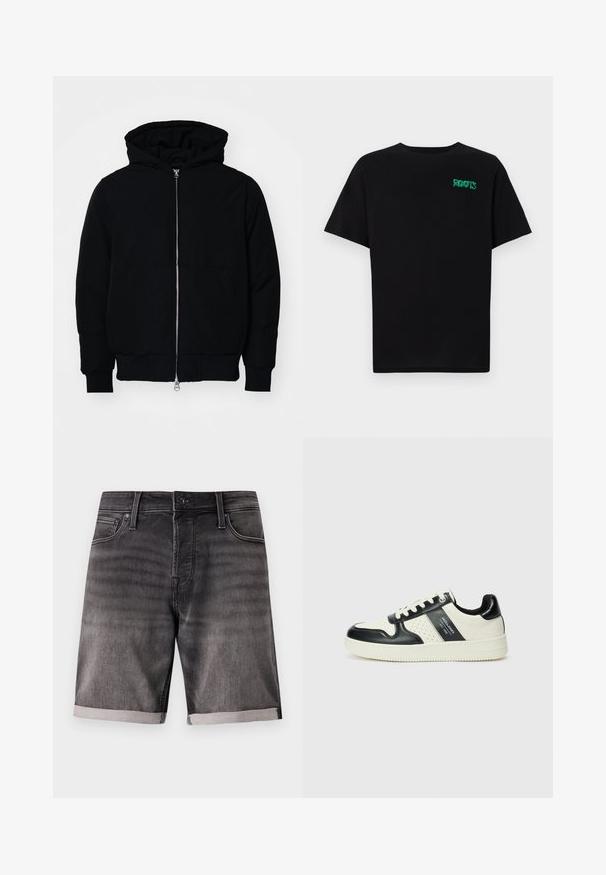 Schwarze Kapuzenjacke mit Frontreißverschluss, Kängurutasche, gerippten Bündchen und Saum, auf einem schlichten weißen Hintergrund präsentiert.; Schwarzes T-Shirt aus Baumwolle mit kurzen Ärmeln. Auf der Vorderseite befindet sich ein grünes "ROOTS"-Logo, es hat einen runden Halsauschnitt und eine normale Passform.; Dunkelgraue Denim-Shorts mit einem verwaschenen Finish, ausgestattet mit umgeschlagenem Saum, Fronttaschen und einem Metallknopfverschluss.; Leder-Sneaker in Schwarz- und Cremetönen, mit perforierten Akzenten, einem gepolsterten Kragen und einer strukturierten Laufsohle.