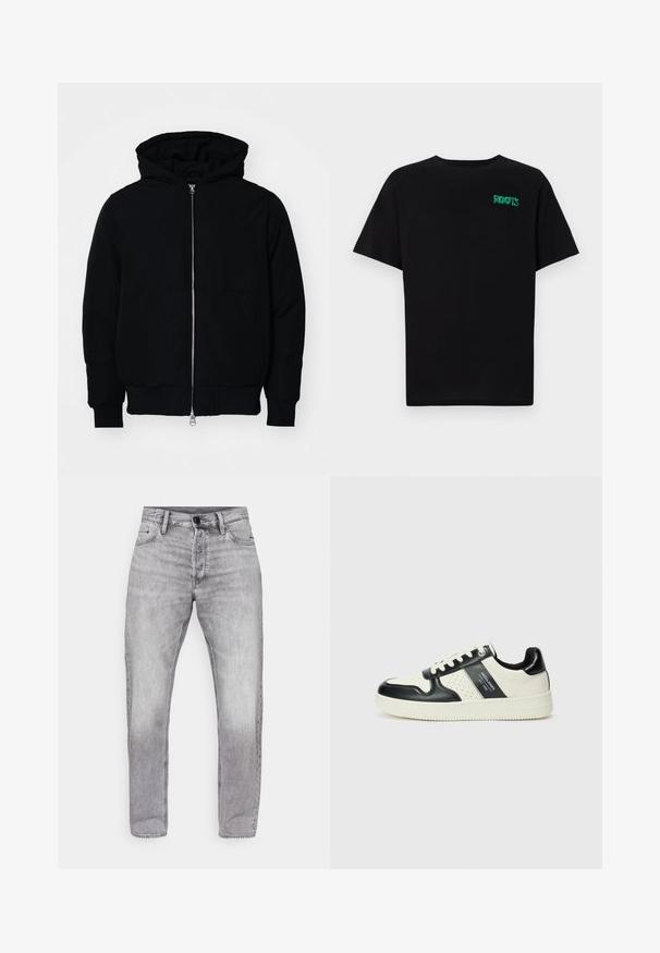 Chaqueta negra con capucha, cierre frontal, bolsillo tipo canguro, y puños y dobladillo acanalados, exhibida sobre un fondo blanco liso.; Camiseta negra de algodón con mangas cortas. Presenta un logo verde "ROOTS" en el frente, escote redondo y corte estándar.; Jeans de mezclilla gris con corte recto, que presentan un lavado desgastado, diseño de cinco bolsillos y cierre estándar de botón y cremallera.; Zapatillas de cuero con un esquema de colores negro y crema, que cuentan con acentos perforados, un collar acolchado y una suela texturizada.