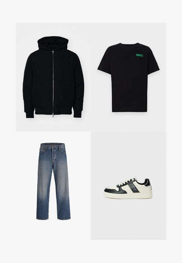 Svart hettejakke med frontglidelås, kengurulomme, ribbestrikket mansjetter og søm, vist på en ensfarget hvit bakgrunn.; svart t-skjorte laget av bomull med korte ermer. Har et grønt "ROOTS"-logo på forsiden, rund halsutringning og standard passform.; Blå denim jeans med løs passform, som har et falmet design, fem lommer, beltehetter og en knapp og glidelås lukking.; Lædersneakers med sort og creme farveskema, der har perforerede detaljer, en polstret krave og en struktureret ydersål.