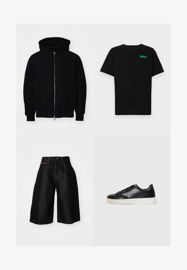 Črna kapuca jakna s sprednjim zadrgo, kenguru žepom, rebrastimi manšetami in hemom, razstavljena na enostavni beli ozadju.; Črna majica iz bombaža z kratkimi rokavi. Na sprednji strani ima zeleno logotip "ROOTS", okroglo ovratnico in standardno prileganje.; Črni jeans kratke hlače z širokimi nogavicami, ki vključujejo pet žepov, zapiranje na gumb in kontrastno šivanje. Eden od žepov ima rdeč akcent.; Črne športne copate z zgornjim delom iz teksturirane usnjene tkanine s kroko, zaobljenim nosom in kontrastnim belim gumijastim podplatom z gladko površino.
