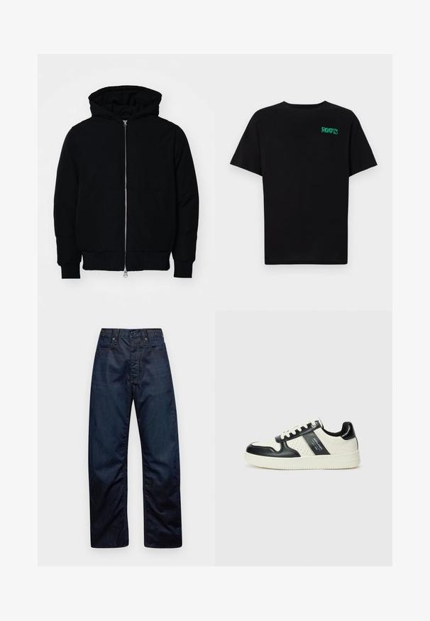 Svart hettejakke med frontglidelås, kengurulomme, ribbestrikket mansjetter og søm, vist på en ensfarget hvit bakgrunn.; svart t-skjorte laget av bomull med korte ermer. Har et grønt "ROOTS"-logo på forsiden, rund halsutringning og standard passform.; Mørkeblå denimbukser med straight-leg design, som har to frontlommer og stikninger på sømmene og linning.; Lædersneakers med sort og creme farveskema, der har perforerede detaljer, en polstret krave og en struktureret ydersål.