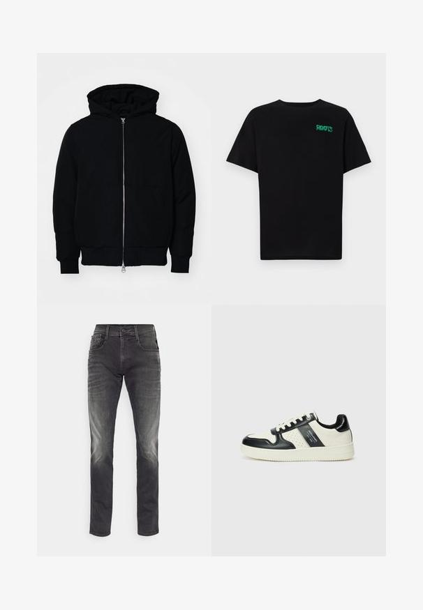 Crna kapuška jakna s prednjim zatvaračem, kenguru džepom, rebrastim manžetama i rubom, prikazana na običnoj bijeloj pozadini.; Crna majica kratkih rukava od pamuka. Na prednjem dijelu se nalazi zeleni "ROOTS" logo, okrugli izrez i standardni kroj.; Uske fit sive traperice sivo plave boje s izblijedjelim detaljima, pet džepova, petlje za remen i zatvaranjem na gumb. Napravljen od denima s glatkom teksturom.; Kožne tenisice s crno-bijelom paletom boja, koje imaju perforirane akcentne detalje, podstavljeni ovratnik i teksturiranu potplat.