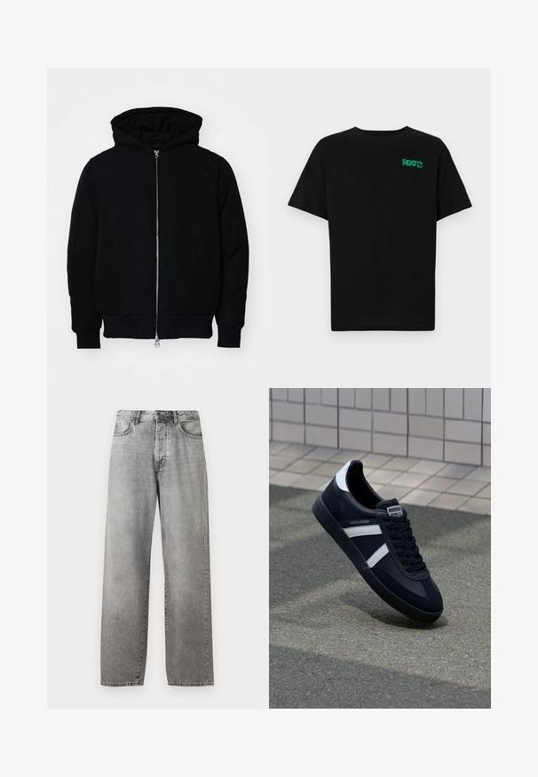 Zwarte hoodie met rits aan de voorkant, kangoeroe-pocket, geribbelde manchetten en zoom, weergegeven op een effen witte achtergrond.; Zwarte T-shirt van katoen met korte mouwen. Heeft een groen "ROOTS" logo op de voorkant, een ronde halslijn en een standaard pasvorm.; Grijze wijde spijkerbroek van denim. Heeft een hoge taille, vijf zakken en een knoop- en ritssluiting. Subtiele vervaging over de stof.; Zwarte leren sneaker met witte strepen, een gestructureerde rubberen zool en vetersluiting aan de voorkant. Voorzien van een merklabel op de tong.