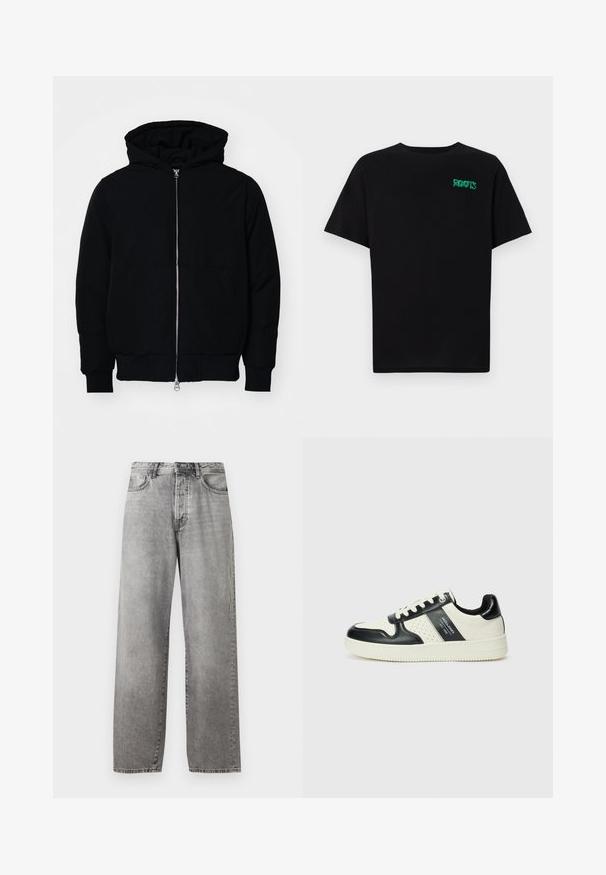 Melna kapucēta jaka ar priekšējo rāvējslēdzēju, kenguru kabatu, ribinātām aprocēm un apakšmalu, parādīta uz vienkārša balta fona.; Melna kokvilnas t-kreka ar īsām piedurknēm. Uz priekšu ir zaļa "ROOTS" logo, apaļa kakla izgriezums un standarta piegriezums.; Pelēki platajās kājas džinsi, izgatavoti no denima. Ar augstu jostasvietu, piecām kabatām un pogas un rāvējslēdzēja aizdari. Plāns izbalējums visā audumā.; Ādas sporta apavi ar melnbaltu krāsu shēmu, ar perforētiem akcentiem, mīkstinātu apkakli un teksturētu zoli.