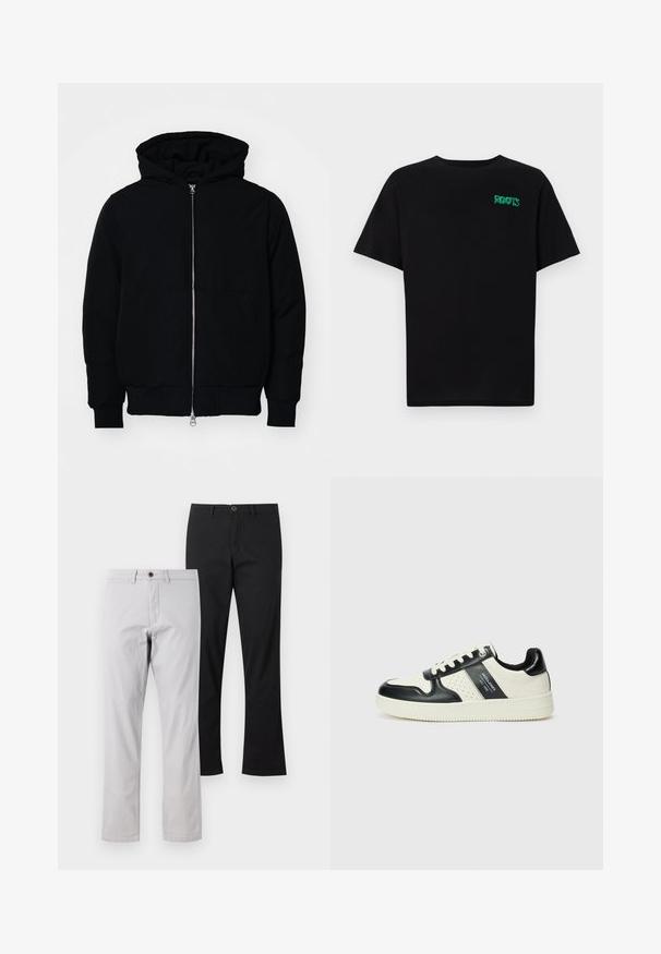 Melna kapucēta jaka ar priekšējo rāvējslēdzēju, kenguru kabatu, ribinātām aprocēm un apakšmalu, parādīta uz vienkārša balta fona.; Melna kokvilnas t-kreka ar īsām piedurknēm. Uz priekšu ir zaļa "ROOTS" logo, apaļa kakla izgriezums un standarta piegriezums.; Divas taisnas bikses: vienas gaiši pelēkas ar brūnu pogu, un otras pilnībā melnas. Abām ir gluda kokvilnas tekstūra.; Ādas sporta apavi ar melnbaltu krāsu shēmu, ar perforētiem akcentiem, mīkstinātu apkakli un teksturētu zoli.