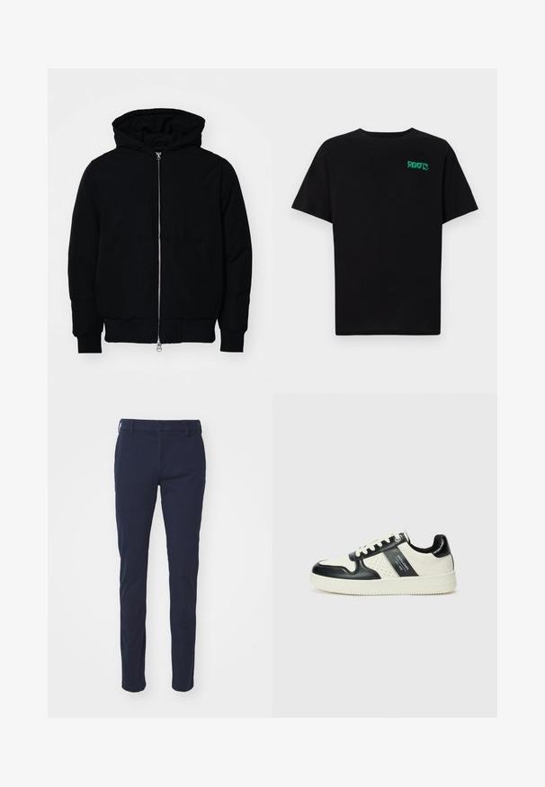 Schwarze Kapuzenjacke mit Frontreißverschluss, Kängurutasche, gerippten Bündchen und Saum, auf einem schlichten weißen Hintergrund präsentiert.; Schwarzes T-Shirt aus Baumwolle mit kurzen Ärmeln. Auf der Vorderseite befindet sich ein grünes "ROOTS"-Logo, es hat einen runden Halsauschnitt und eine normale Passform.; Navyblaue Hosen mit glatter Textur, schlanker Passform, Gürtelschlaufen, Knopfschluss und Vordertaschen. Keine sichtbaren Muster oder Akzente.; Leder-Sneaker in Schwarz- und Cremetönen, mit perforierten Akzenten, einem gepolsterten Kragen und einer strukturierten Laufsohle.